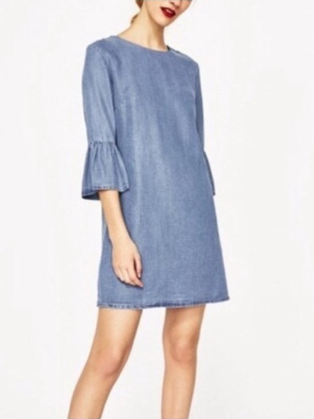 Zara Flare Bell Sleeve Chambray Shift Mini Dress Size Large Blue